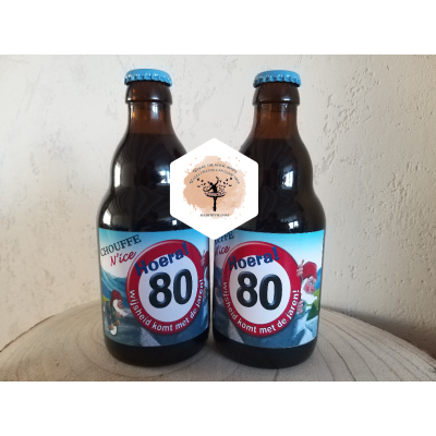 Bierflesje La Chouffe met gepersonaliseerd etiket Bierflesje La Chouffe met gepersonaliseerd etiket